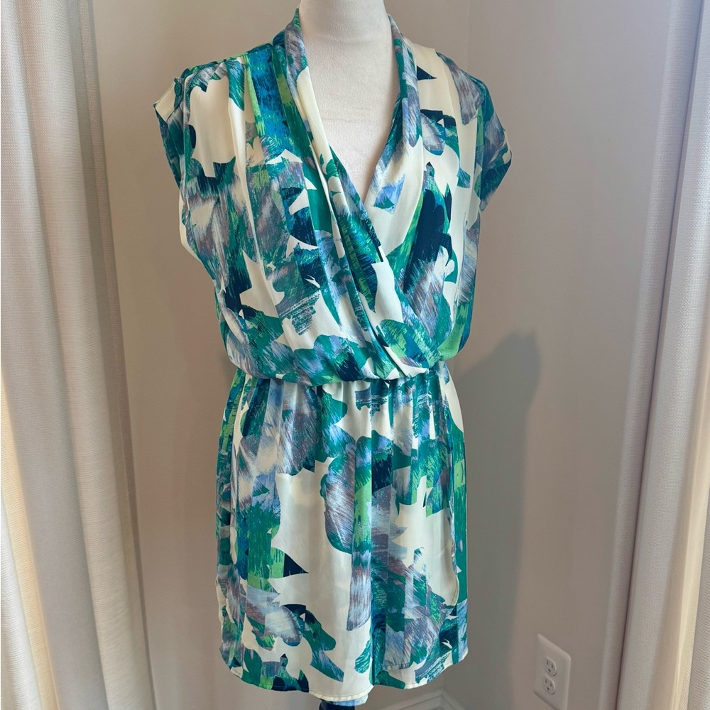 Collective Concepts Faux Wrap Mini Dress – Blue/Green/Pink – Size M